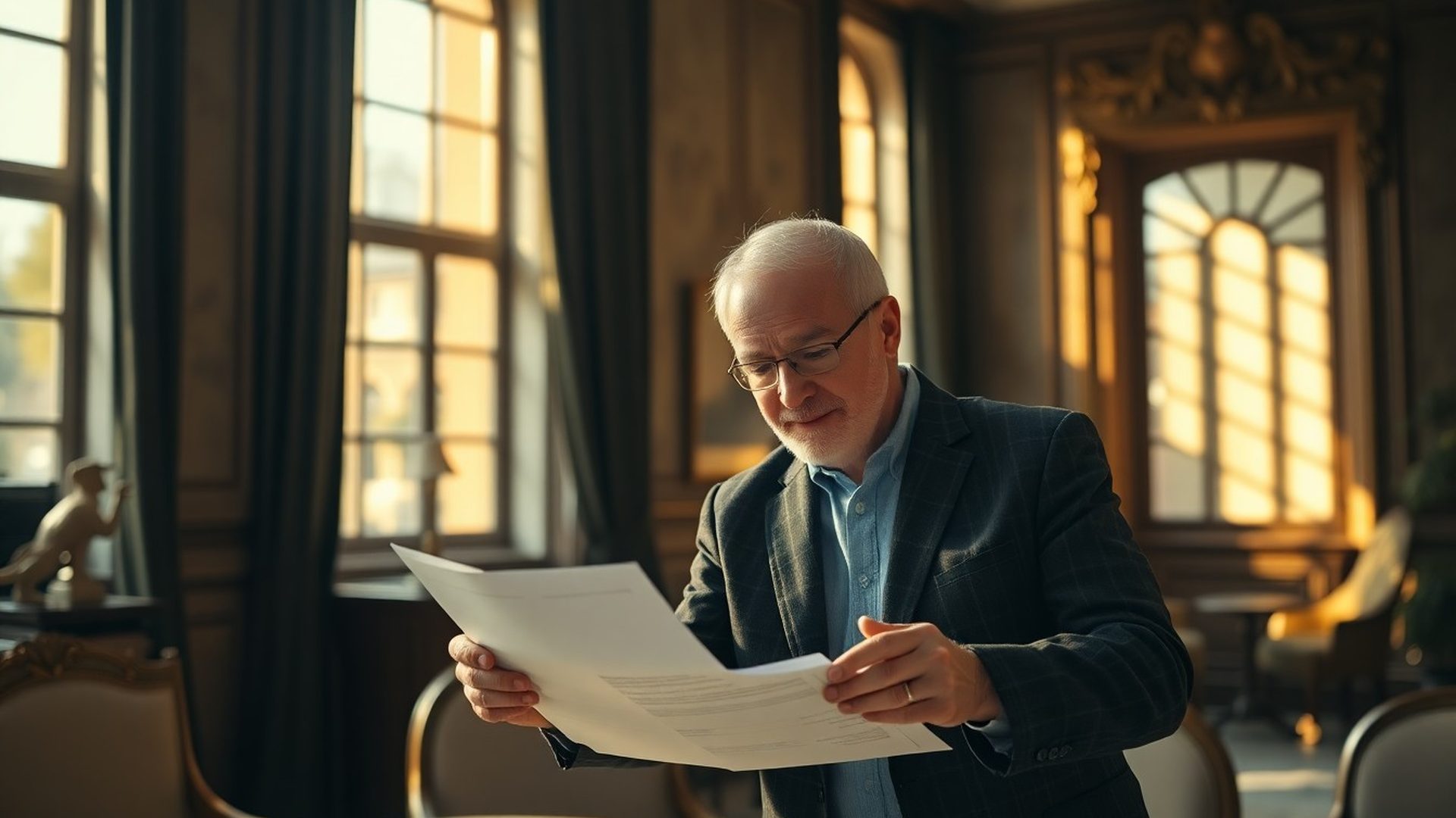 Manželský pár prochází finanční dokumenty v prosluněné kanceláři